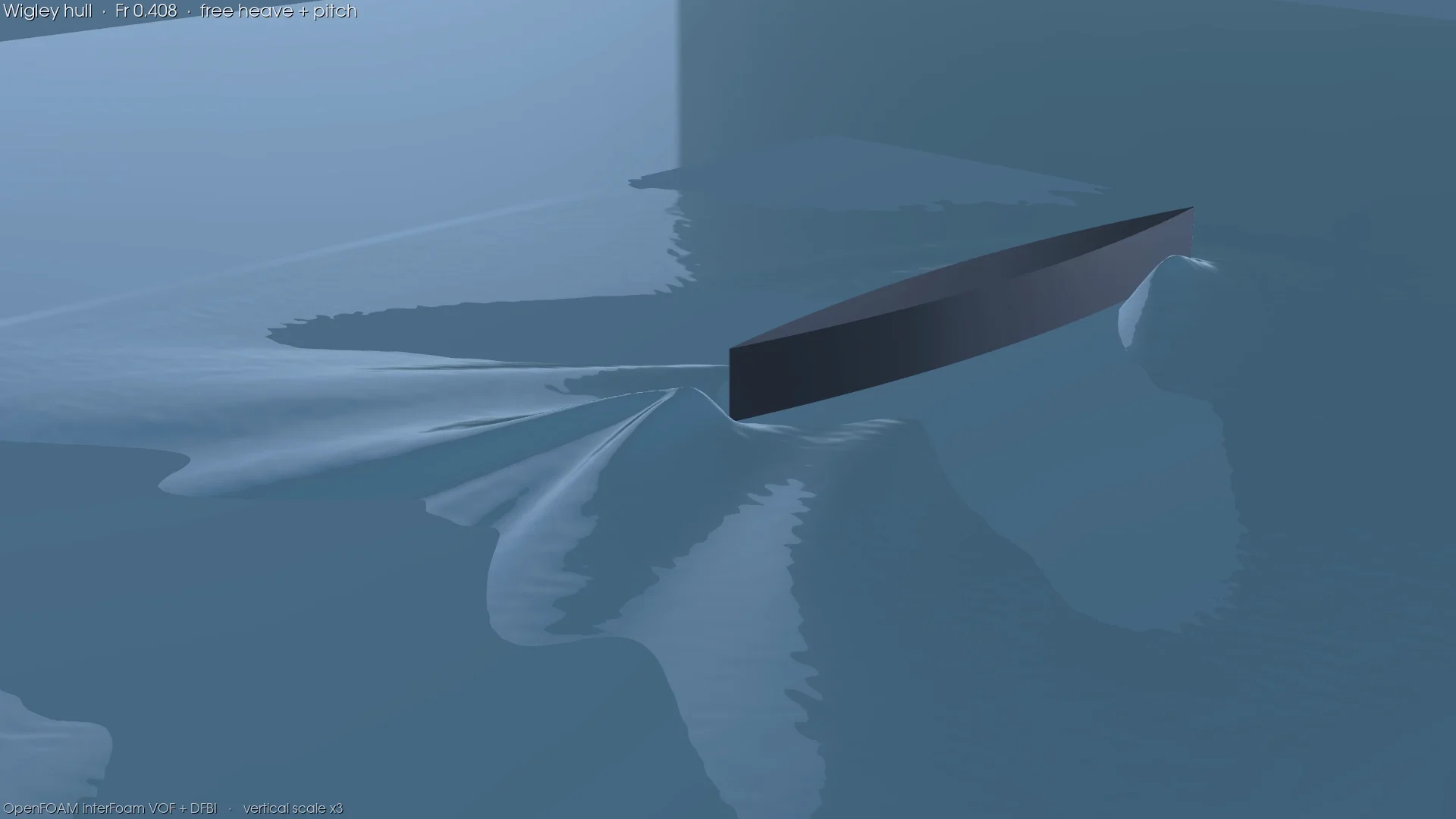 Wigley hull moving through a simulated free surface with its Kelvin wake visible